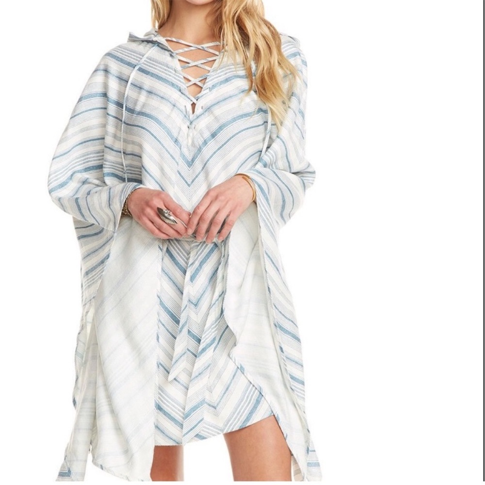 Chaser Linen Hooded Cover-Up Dress Blue Striped Lace-Up Tie Waist Beach Sz Small - Picture 2 of 8